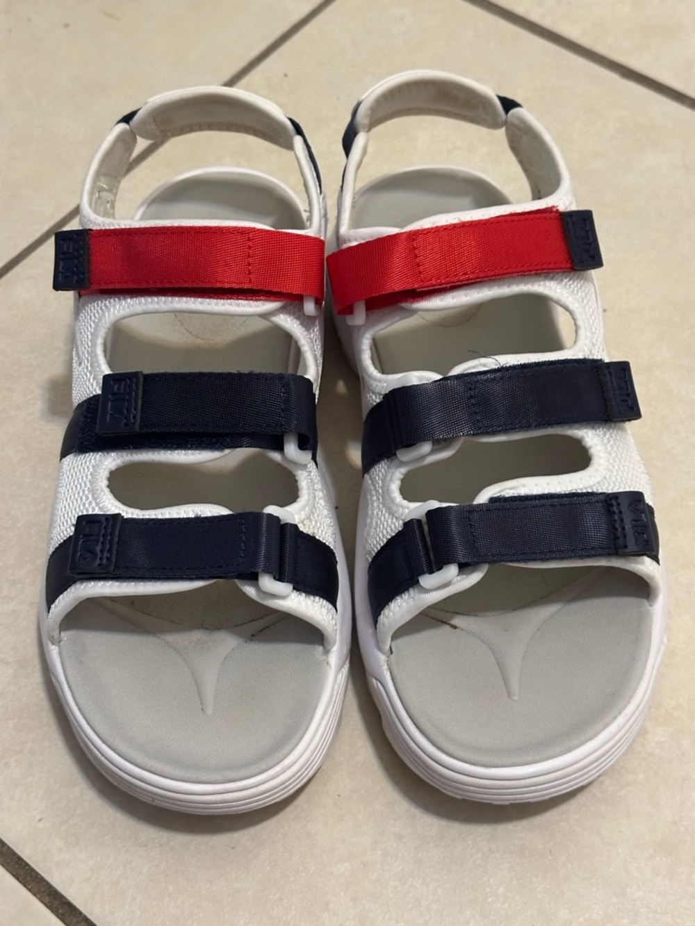 Fila White Sandals with Navy and Red Straps
